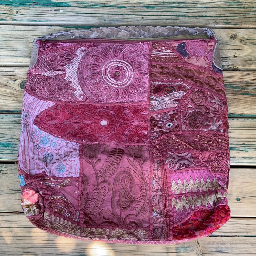 Handcrafted Pink Patchwork Tote Bag with Braided Handle
